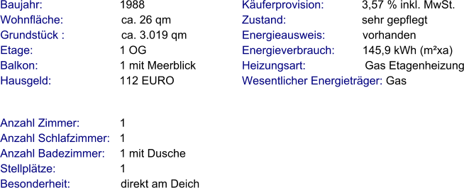 Anzahl Zimmer:            1 Anzahl Schlafzimmer:   1  Anzahl Badezimmer:     1 mit Dusche   Stellplätze:                     1 Besonderheit:                direkt am Deich   Baujahr:                        1988  Wohnfläche:                  ca. 26 qm Grundstück :                  ca. 3.019 qm Etage:                          1 OG Balkon:                         1 mit Meerblick Hausgeld:                     112 EURO   Käuferprovision:            3,57 % inkl. MwSt. Zustand:                        sehr gepflegt Energieausweis:            vorhanden Energieverbrauch:         145,9 kWh (m²xa) Heizungsart:                   Gas Etagenheizung Wesentlicher Energieträger: Gas